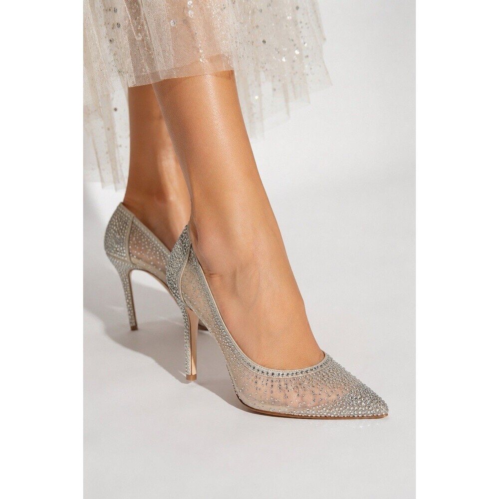 Badgley Mischka Weslee Crystal Embellished Mesh Pointed Toe Pumps Silver 6.5